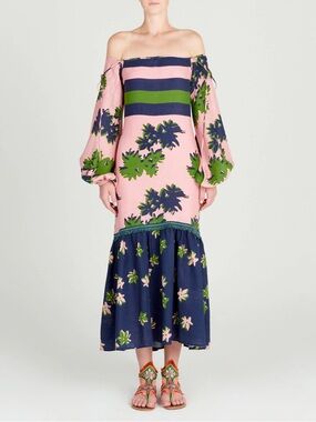 Silvia Tcherassi Oristano Off-Shoulder Linen Dress Navy Pink Blossom Floral Midi